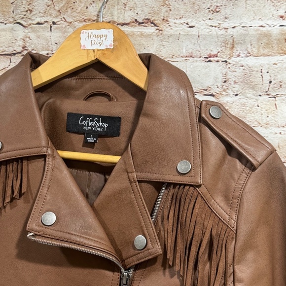 CoffeeShop Junior's Brown Faux Leather Fringe Moto Jacket Size L - Picture 9 of 9